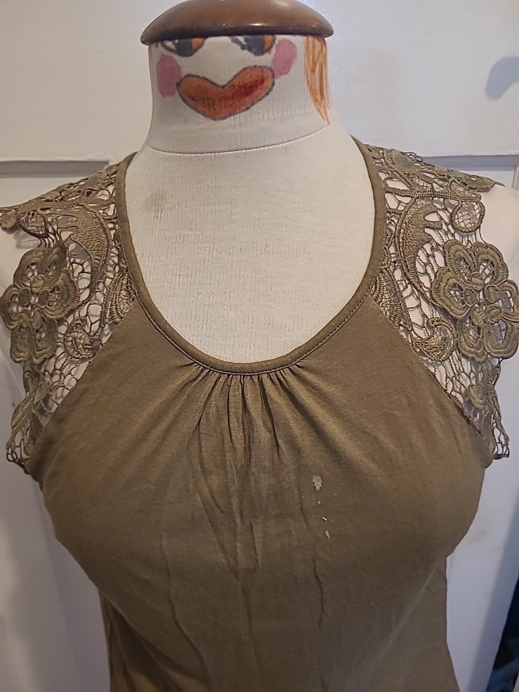 Ladies H&M Size Small Khaki Lace Detailed Shoulders Sleeveless Top(Mark On Front