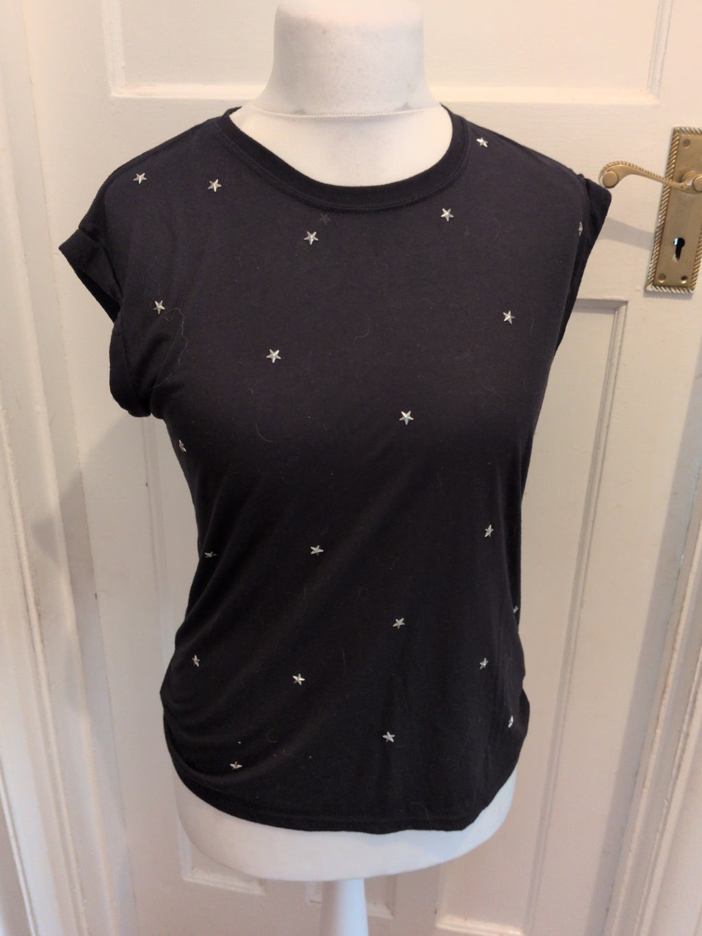 Primark 10 Black With Silver Stars Short Sleeve Blouse T-shirt