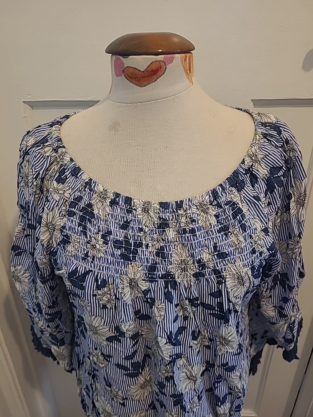 Ladies Klass Size 14 Blue Navy White Stripe Floral Mid Sleeved Elasticated...