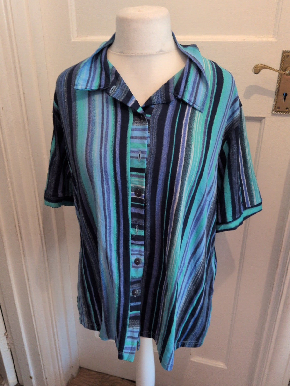 Elvi 22 Multi Streak Stripe Short Sleeve Blouse Collared