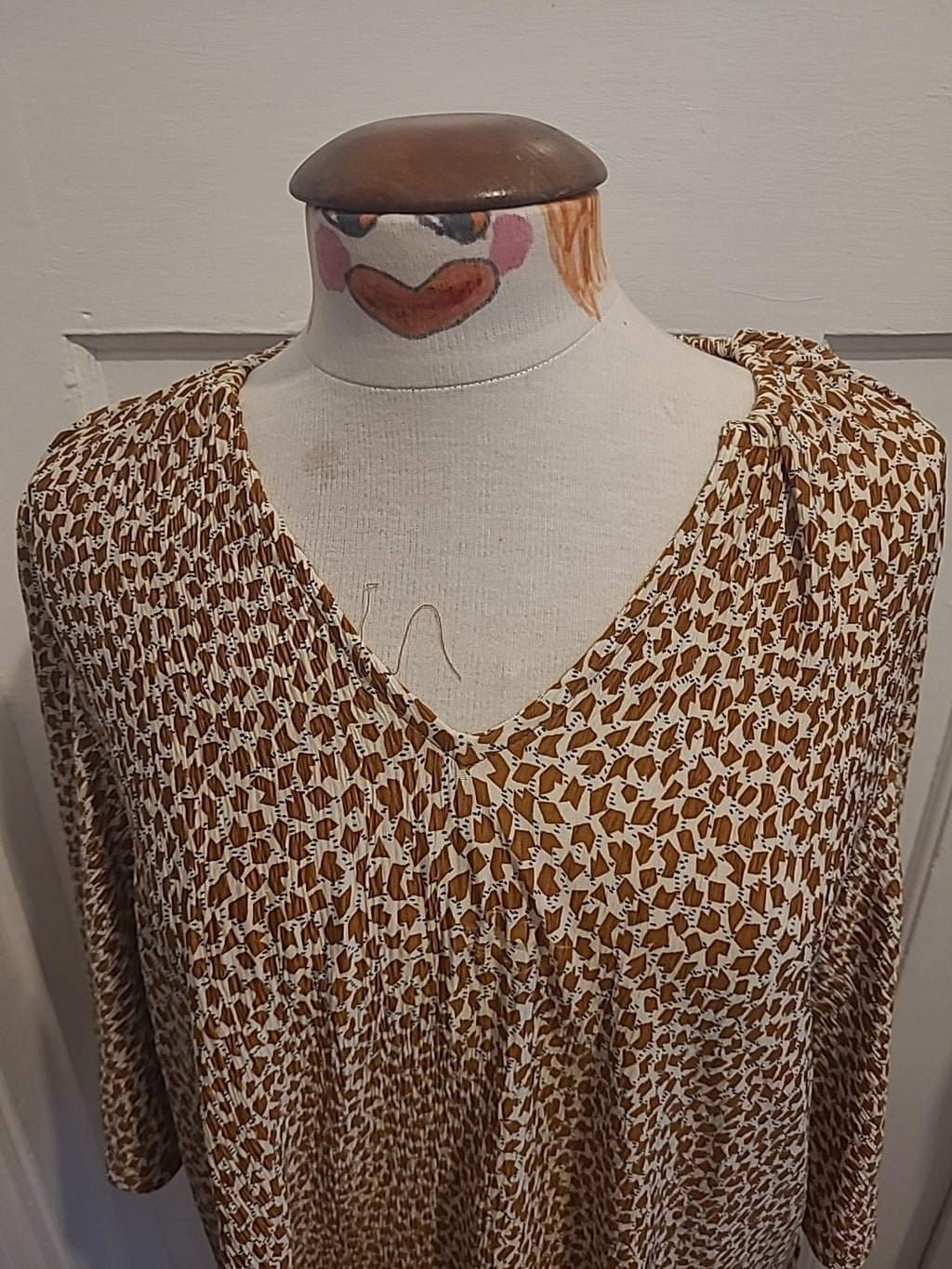 Ladies Next Size 14 Brown Cream Detailed Short Sleeved Blouse