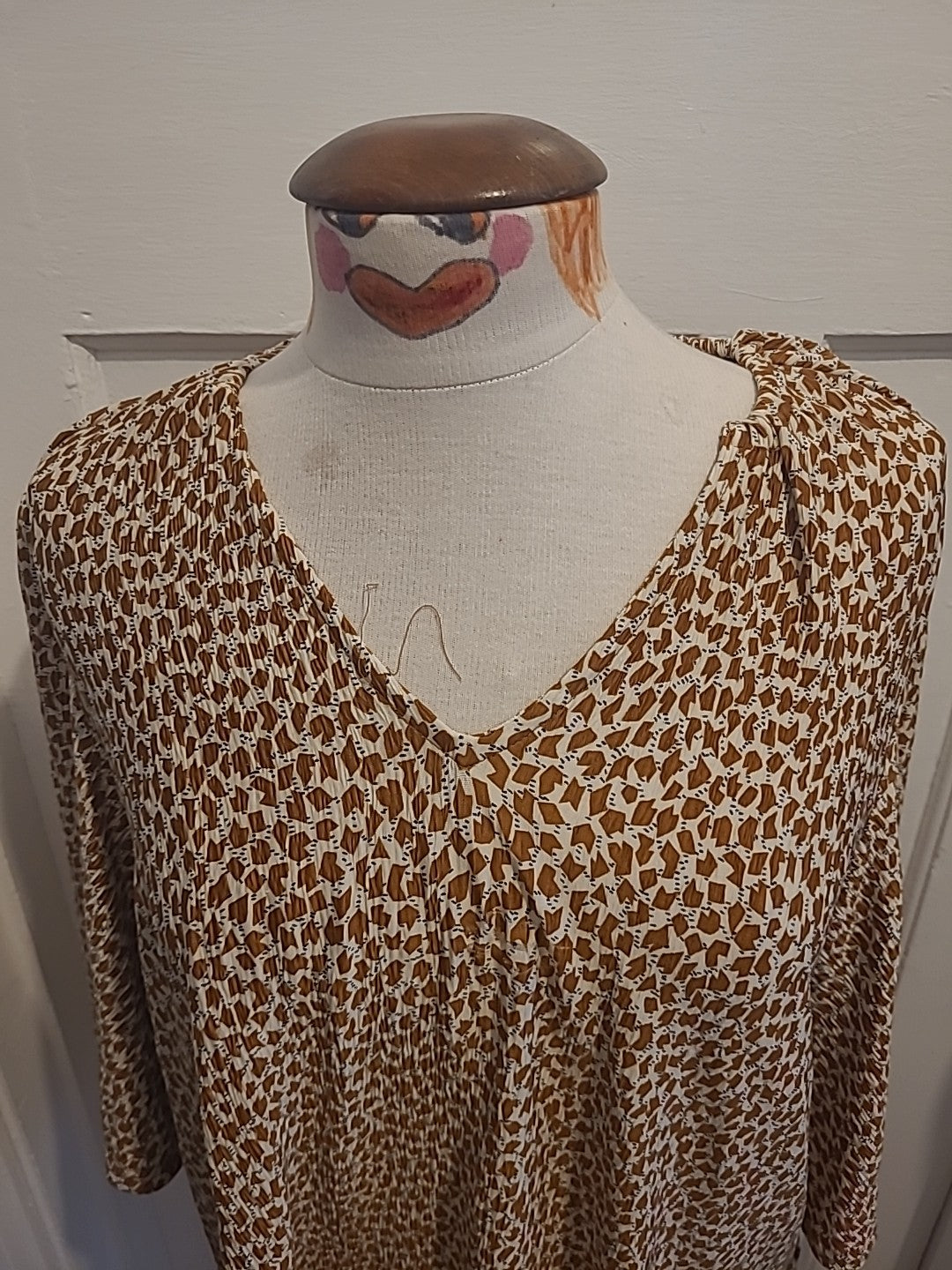 Ladies Next Size 14 Brown Cream Detailed Short Sleeved Blouse