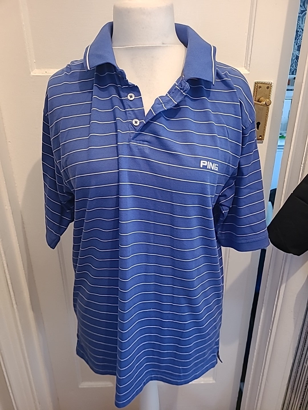 Mens Ping Size Large Blue And White Striped Short Sleeved Polo