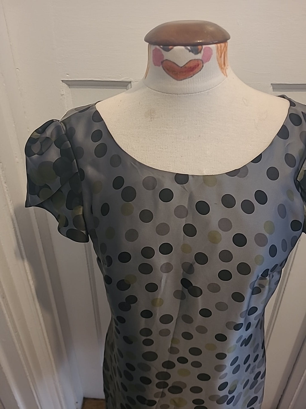 Ladies Marks And Spencer Size 10 Grey Black Green Spotted Short Sleeved Dress