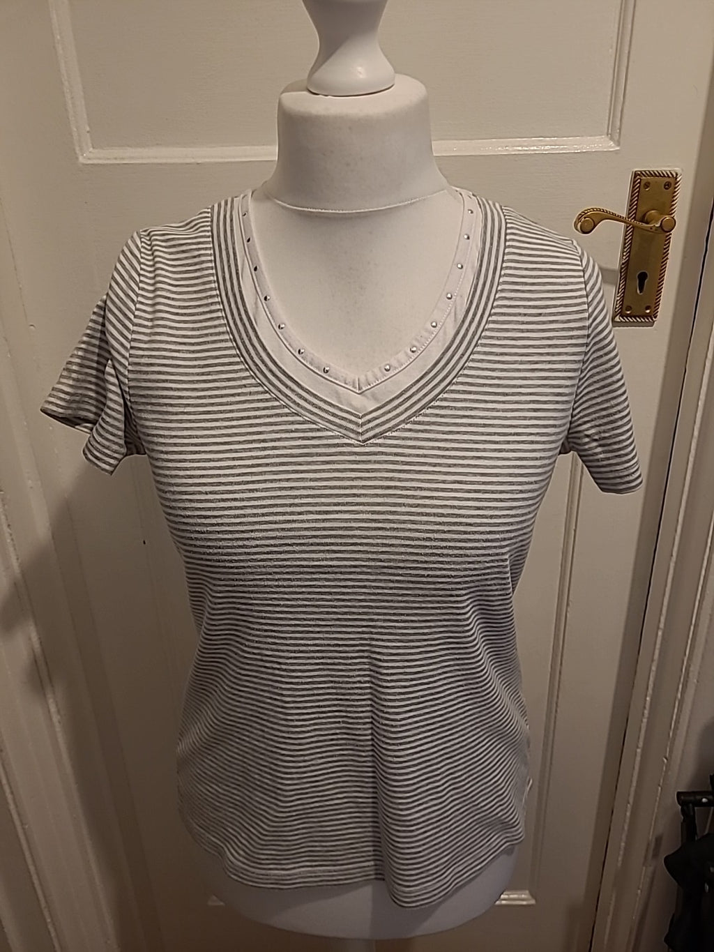 Ladies BM Casual Size Medium Grey And White Striped Short Sleeved Blouse