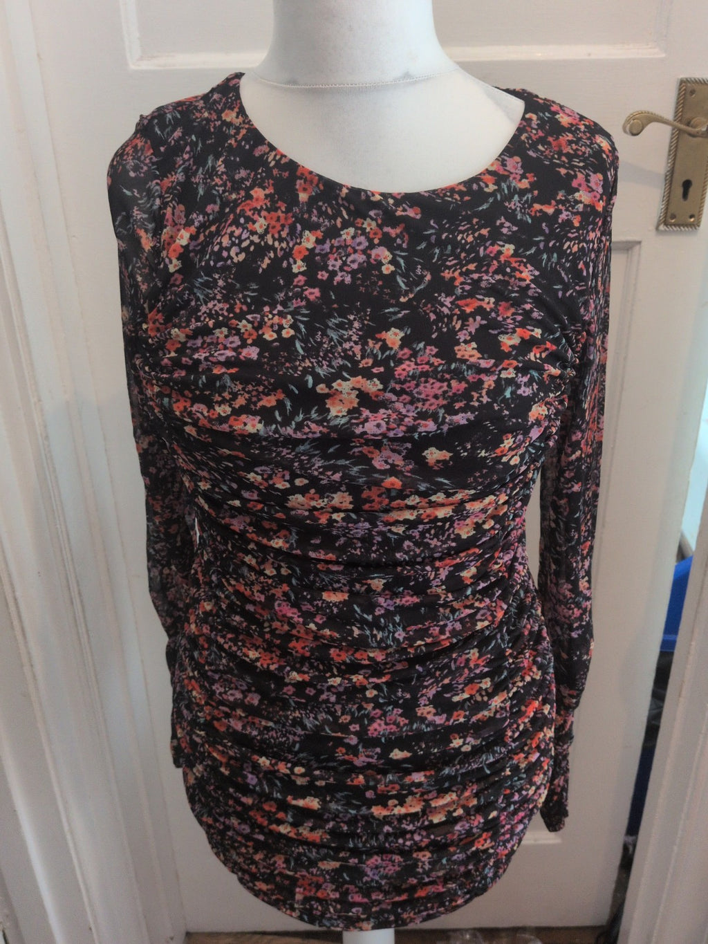 H&M Large Black Floral Long Sleeve Ruched Dress