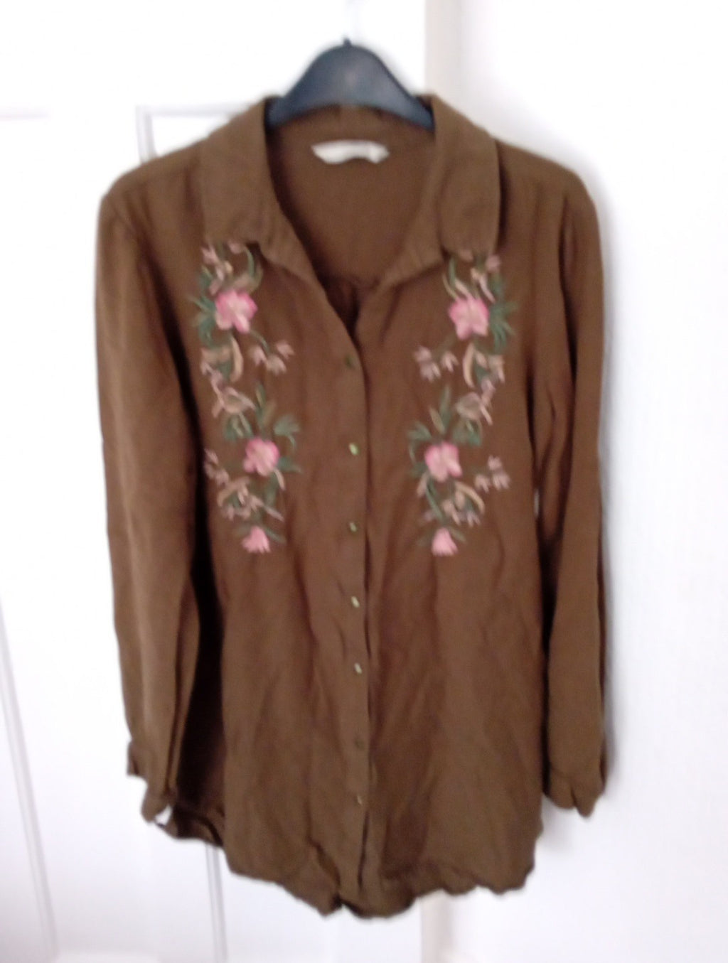 Ladies Blouse Size 12 George Khaki With Floral Detail Long Sleeved
