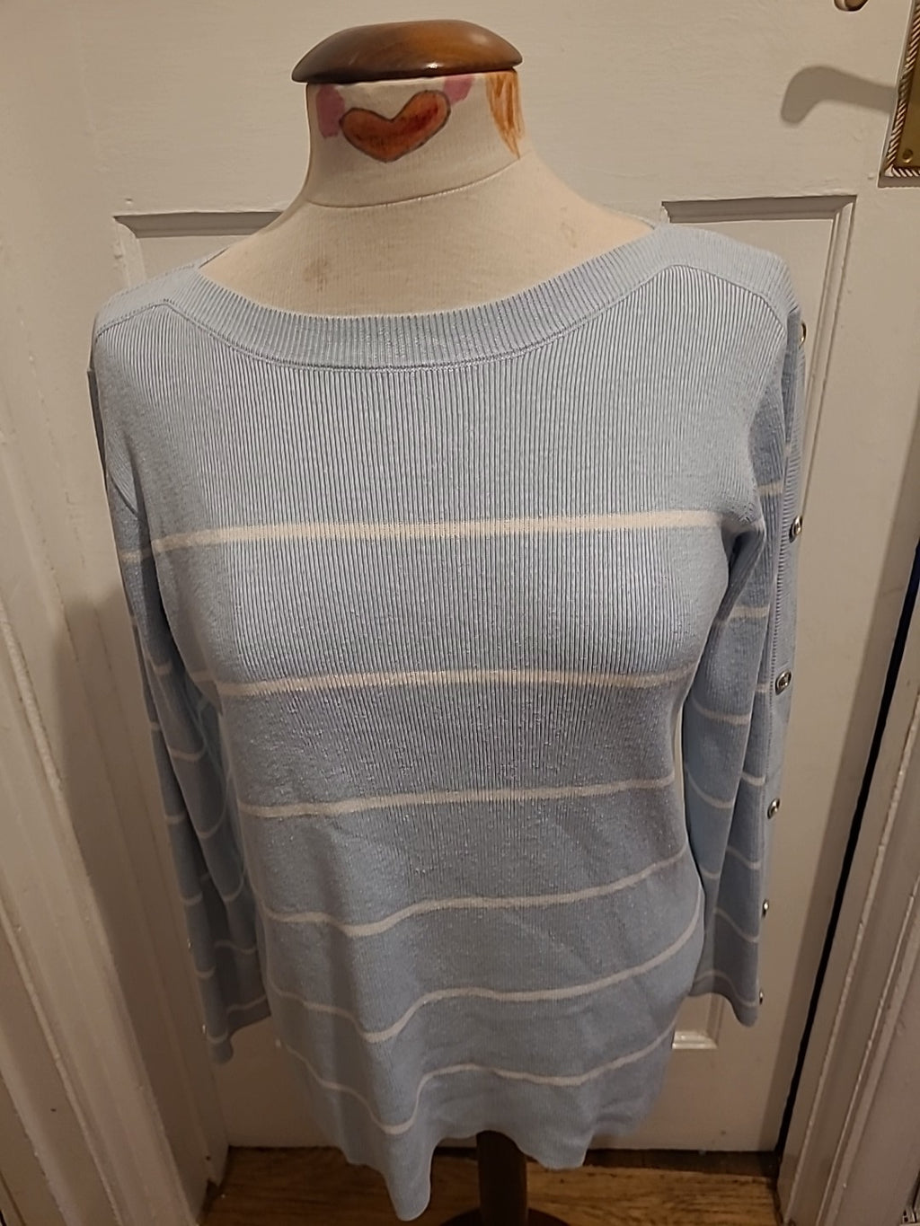 Ladies Damart Size 10-12 Pale Blue/White Striped Lightweight Pullover Jumper