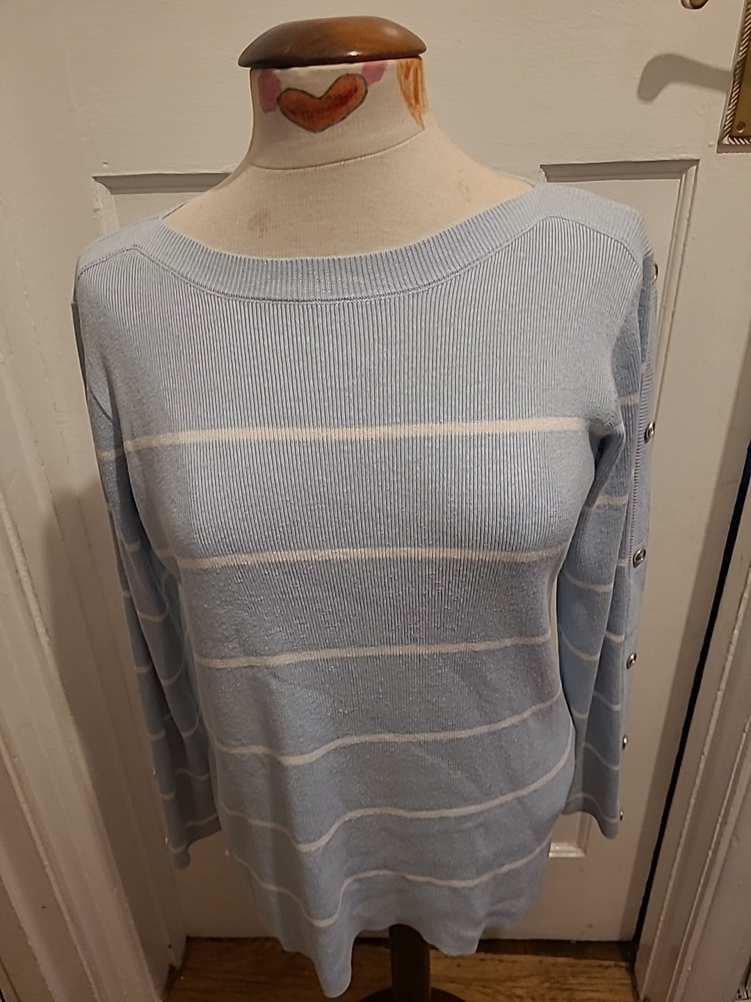 Ladies Damart Size 10-12 Pale Blue/White Striped Lightweight Pullover Jumper