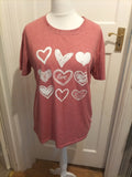 Ladies Size Large Pink With White Hearts Short Sleeved Tshirt