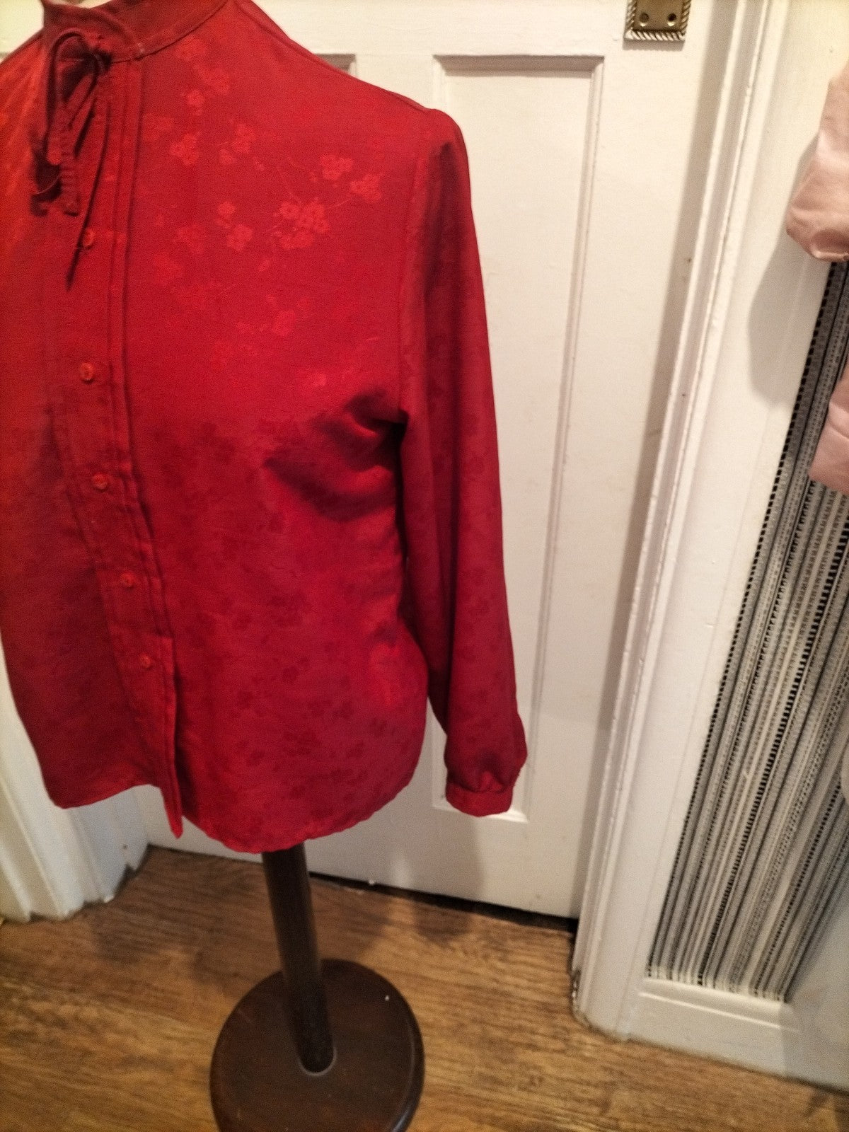 Ladies St Michael Size 12 Red Long Sleeved Floral Material Blouse