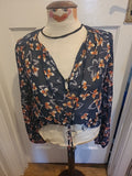 Ladies Primark Size 10 Navy And Red Floral Long Sleeved Blouse