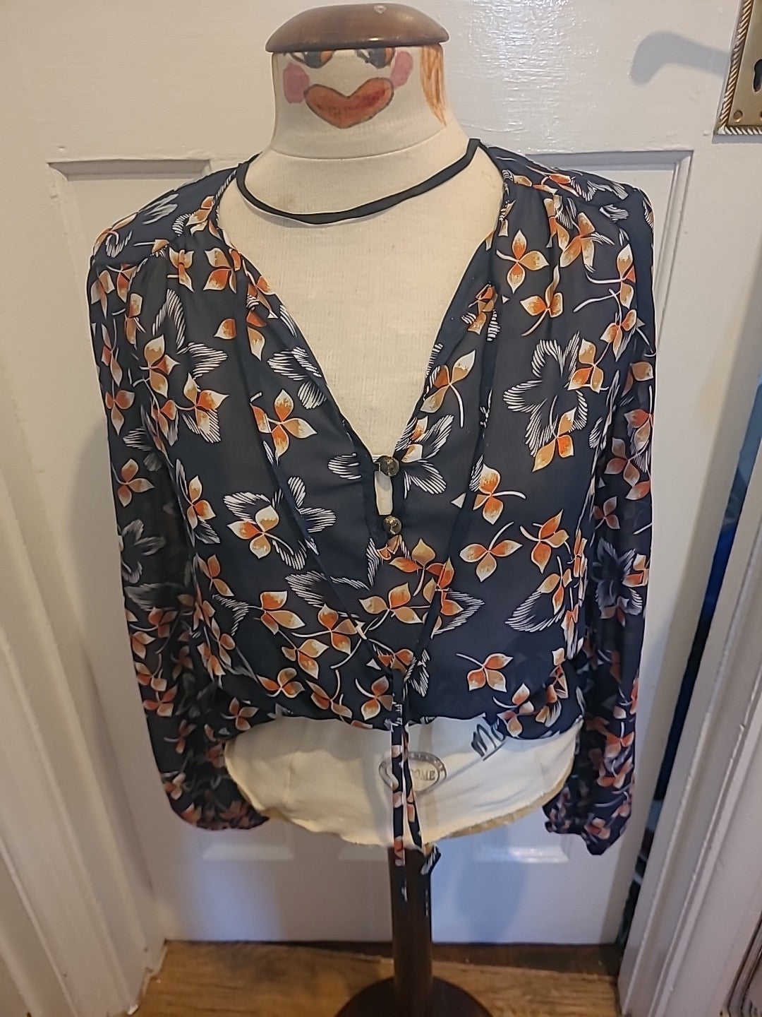 Ladies Primark Size 10 Navy And Red Floral Long Sleeved Blouse