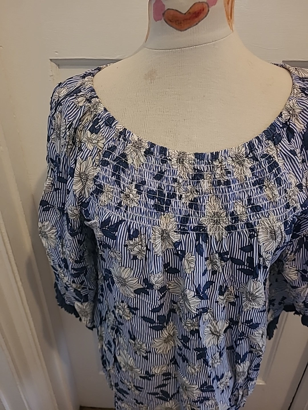 Ladies Klass Size 14 Blue Navy White Stripe Floral Mid Sleeved Elasticated...