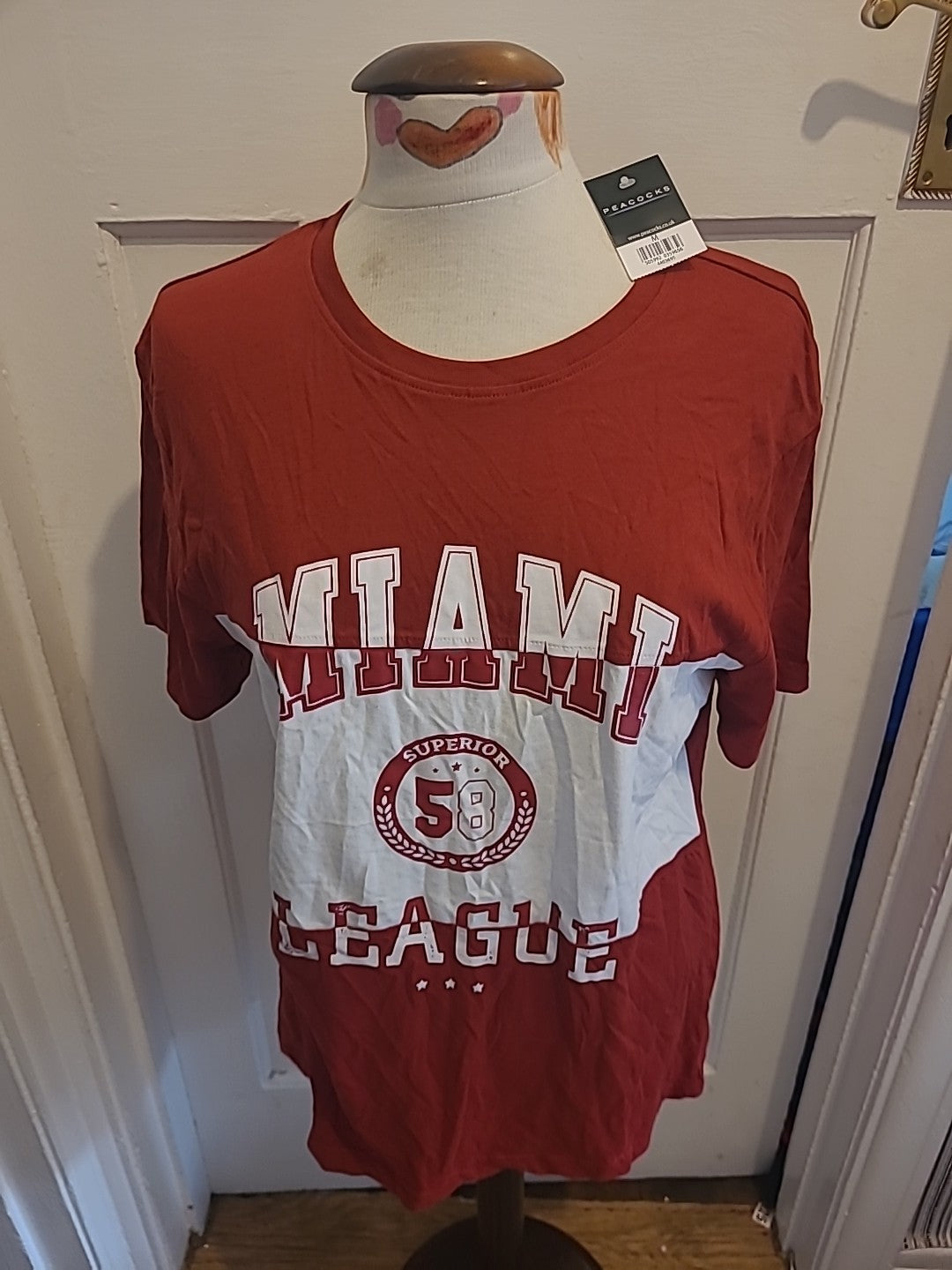 Brand New Mens Peacocks Size Medium Red White "Miami" Tshirt