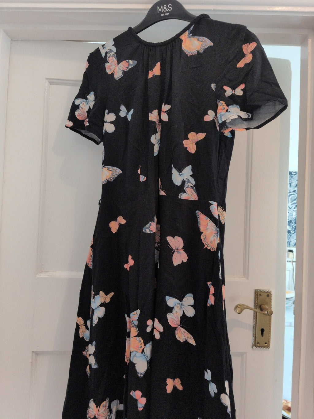 Oasis 8 Black Butterfly Flare Dress Short Sleeve