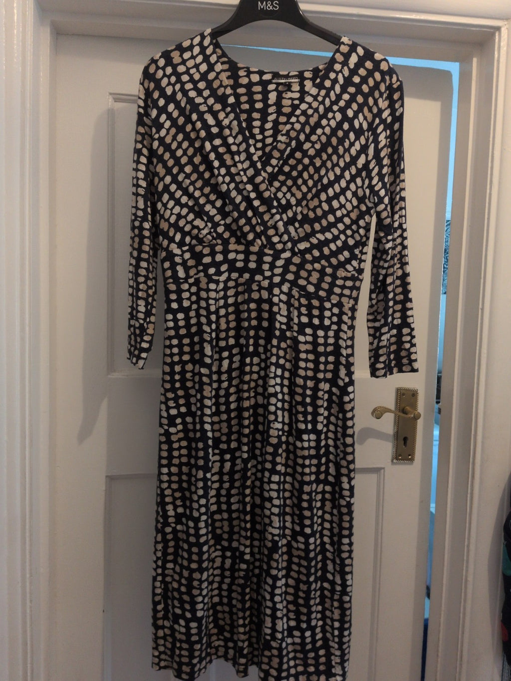 Austin Reed 8 Navy Spotty Long Sleeve V Neck Dress