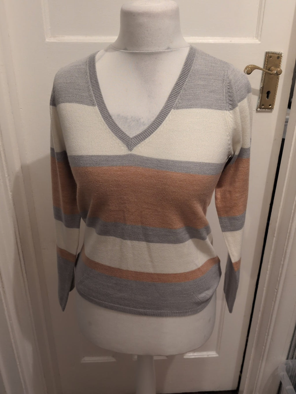 M&S Collection 8 Brown Lilac And White Stripe V Neck Jumper