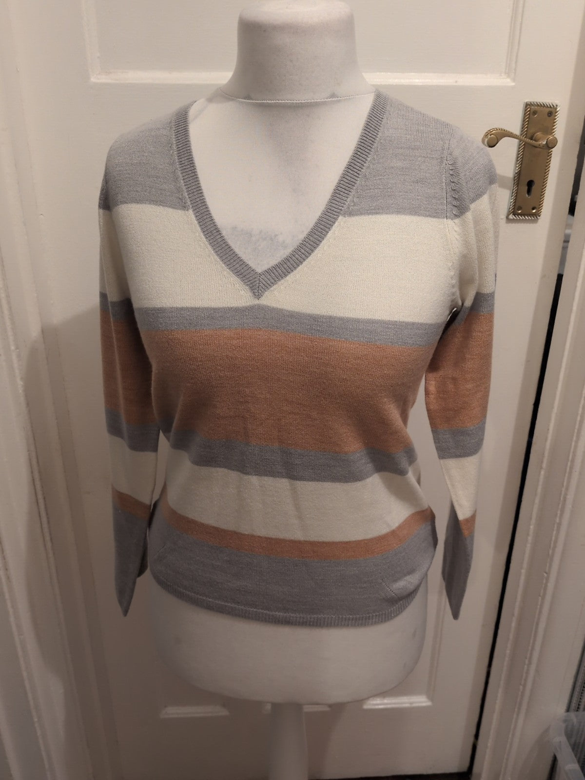 M&S Collection 8 Brown Lilac And White Stripe V Neck Jumper