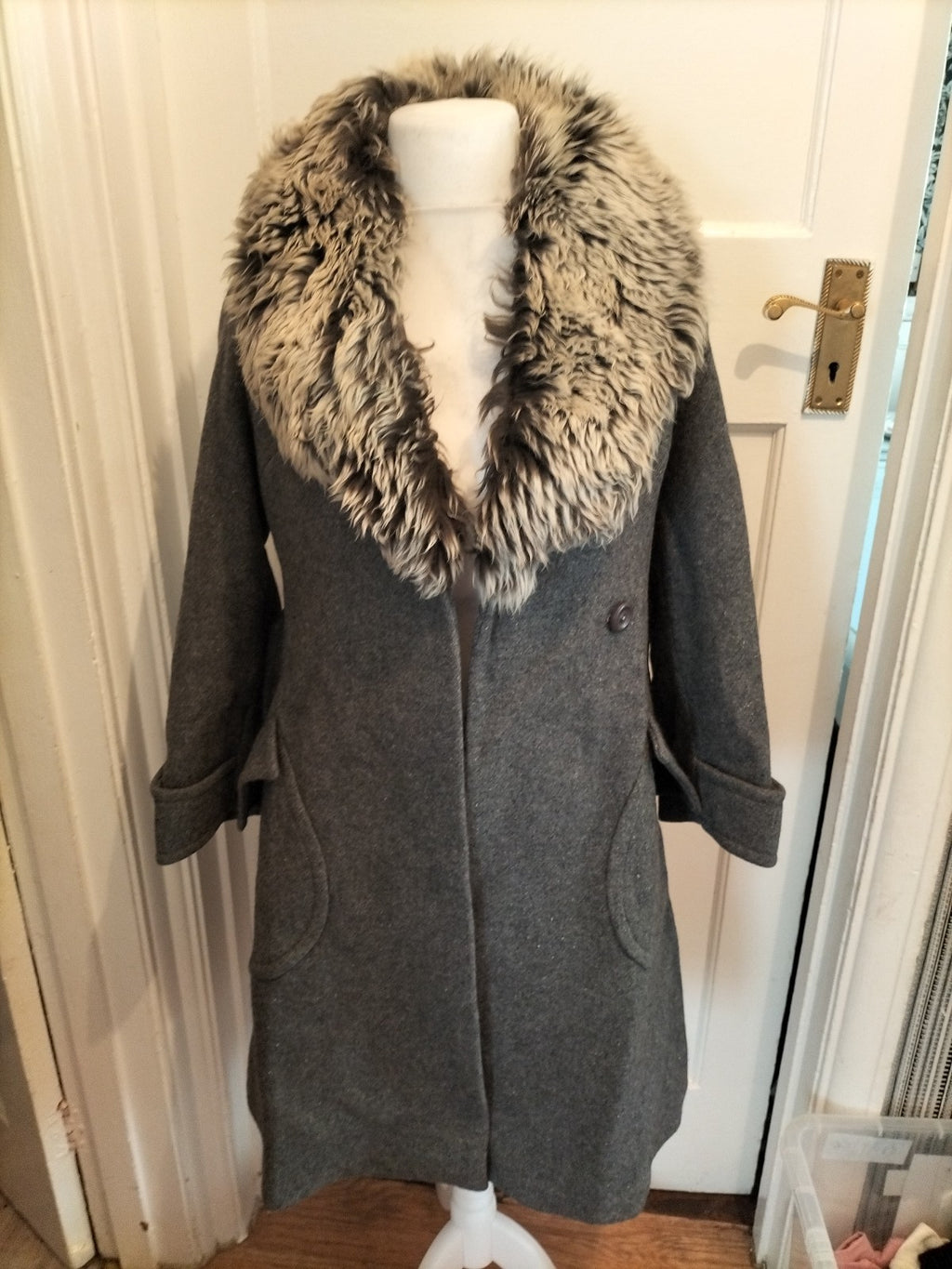 Ladies Julius Size Large All Wool Faux Fur Grey Jacket Lined Heavy