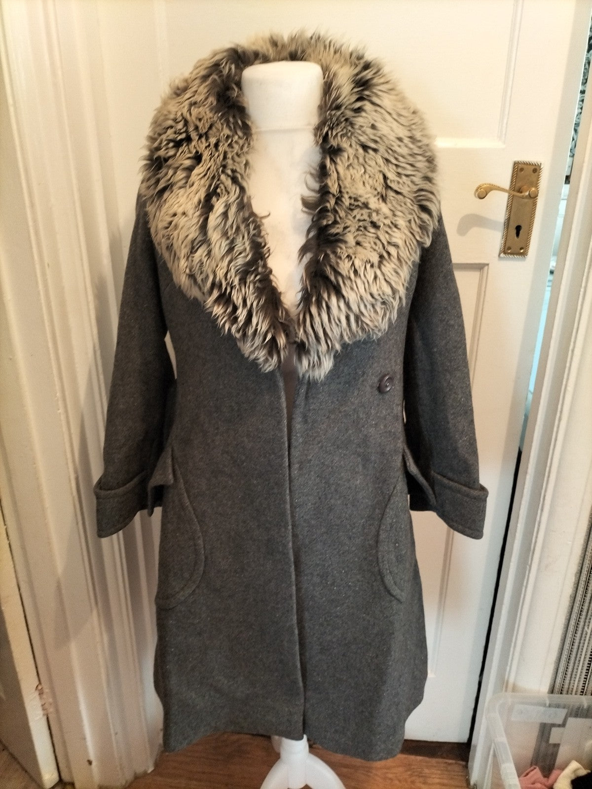 Ladies Julius Size Large All Wool Faux Fur Grey Jacket Lined Heavy