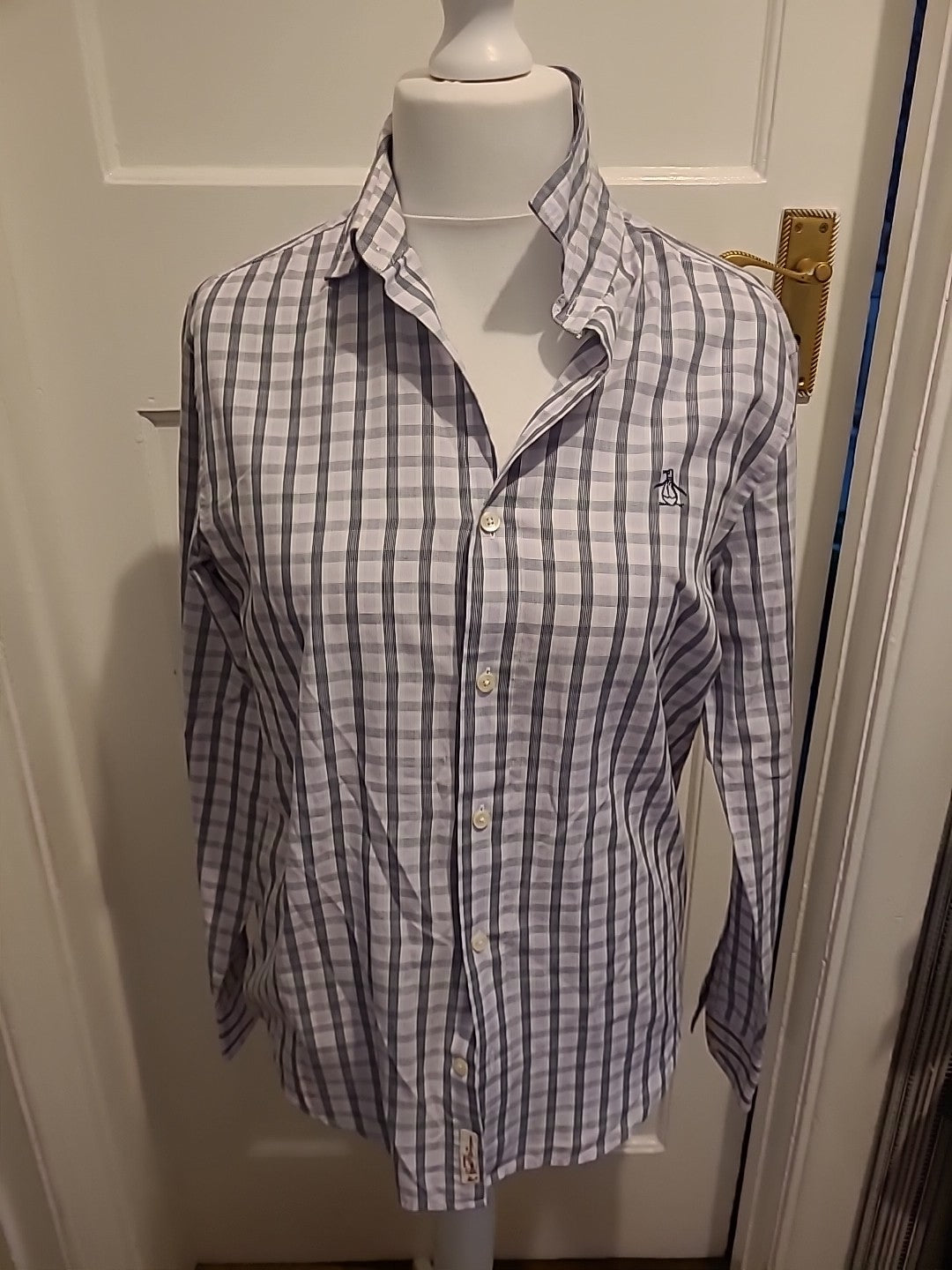 Mens Penguin Size Medium Lilac/Black Check Long Sleeved Shirt
