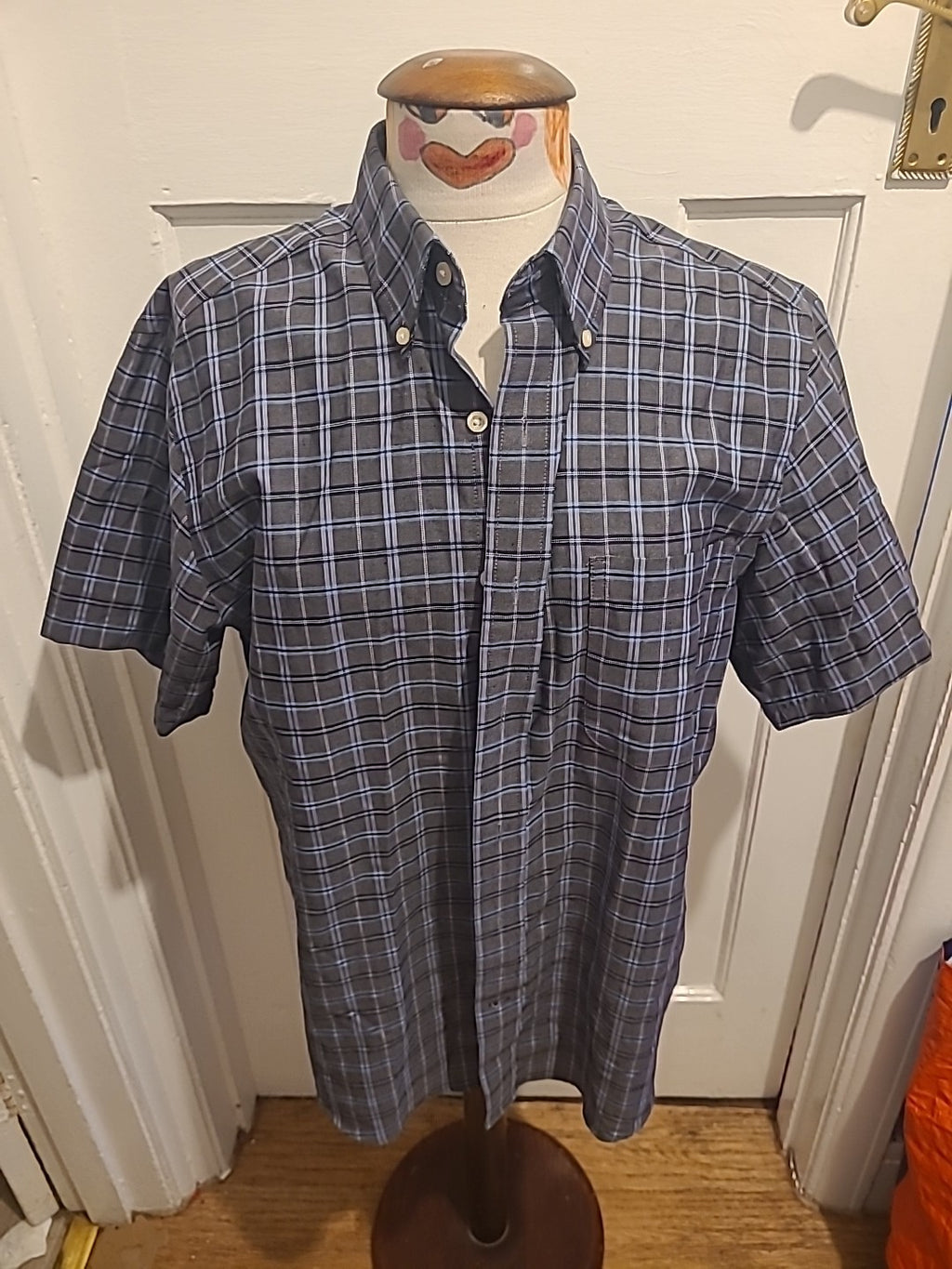 Mens St Johns Bay Size Medium Grey Blue Check Short Sleeved Shirt