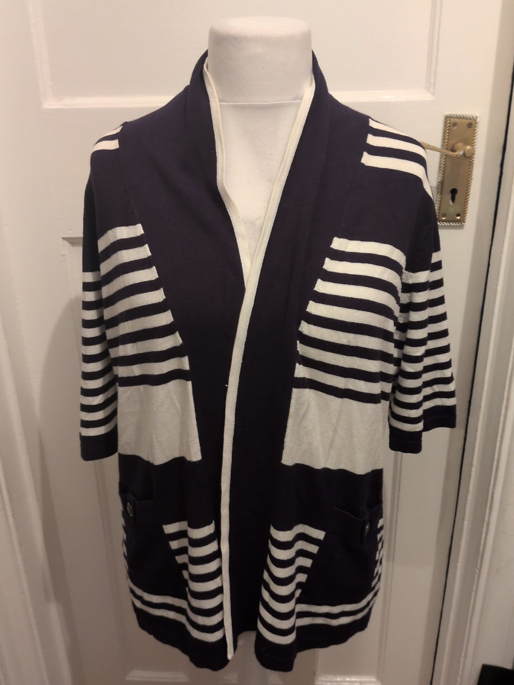 Ladies Size Large Navy And White Striped Collared Short Sleeved Cardigan Open...