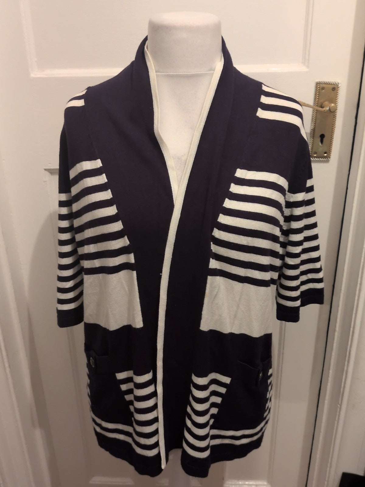 Ladies Size Large Navy And White Striped Collared Short Sleeved Cardigan Open...