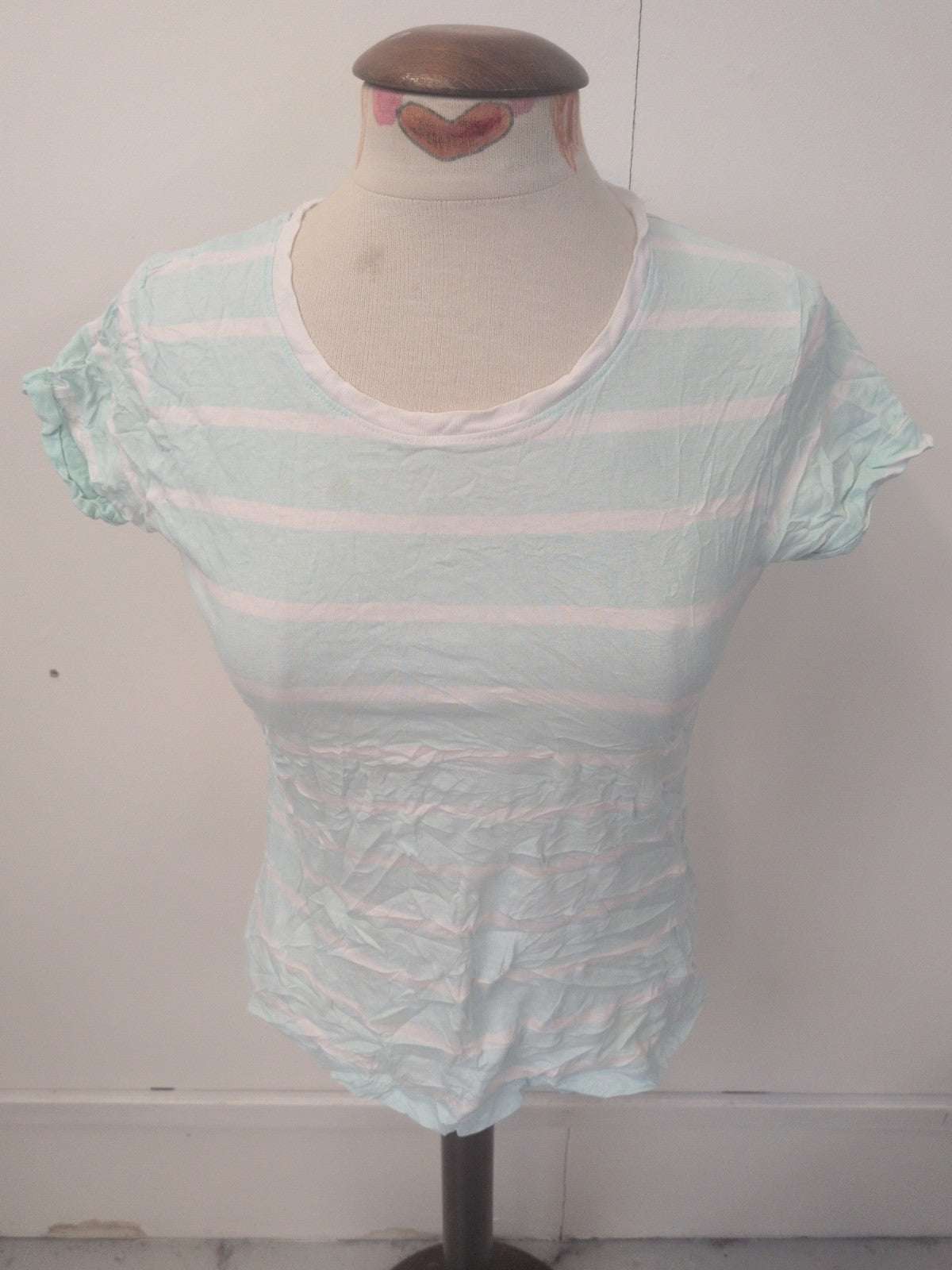 Ladies Primark Size 10 Pale Blue Striped Short Sleeve Turn Back T-shirt