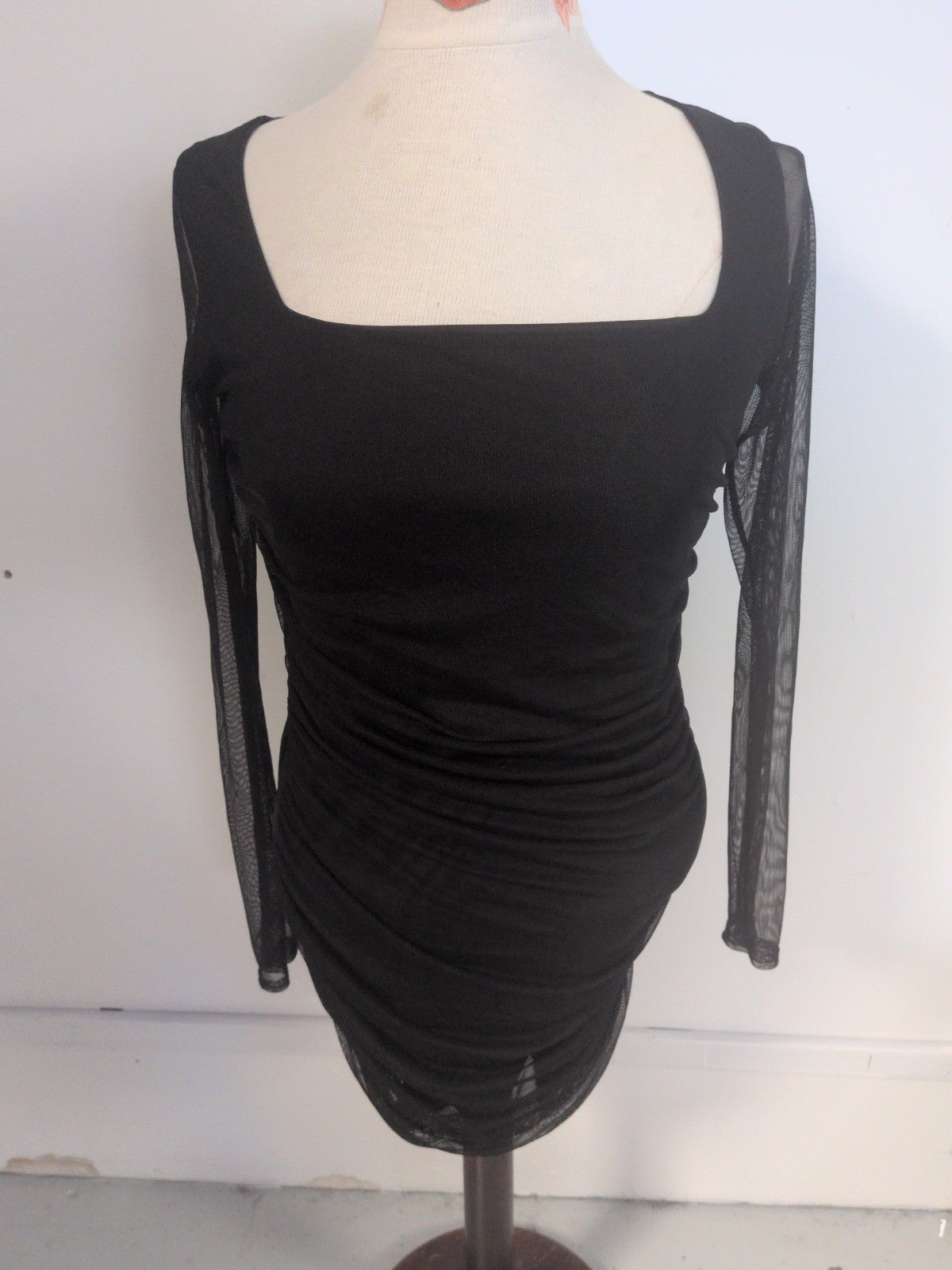 Boohoo 14 Black Mesh Long Sleeve Bodycon Dress