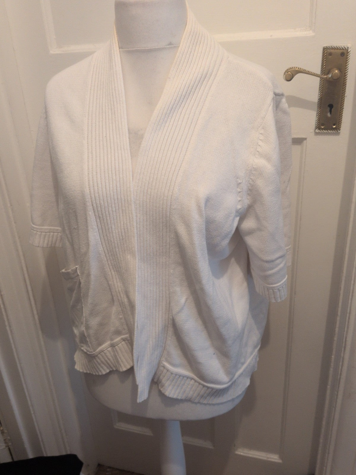 Profile Medium White Ribbed Short Sleeve Open Blouse