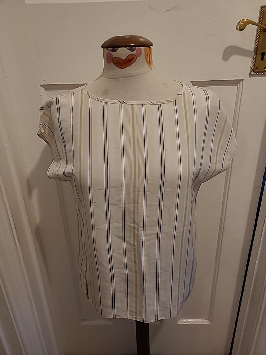 Ladies St Michael Size 10 Ivory/Peach/Beige Striped Short Sleeved Blouse