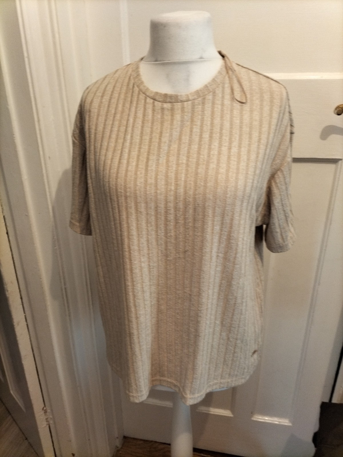 Ladies Calm&Relax Size M Beige Ribbed Short Sleeve Pyjama Top