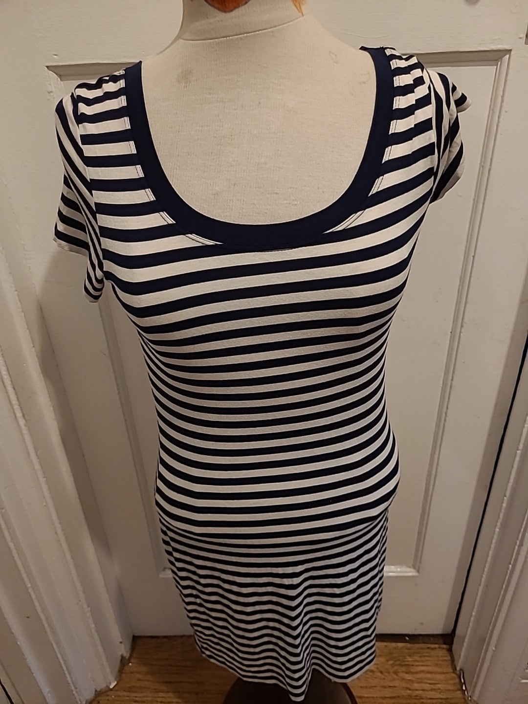 Ladies George Size 10 Black/White Striped Wide Neck Short Sleeved Pencil Dress