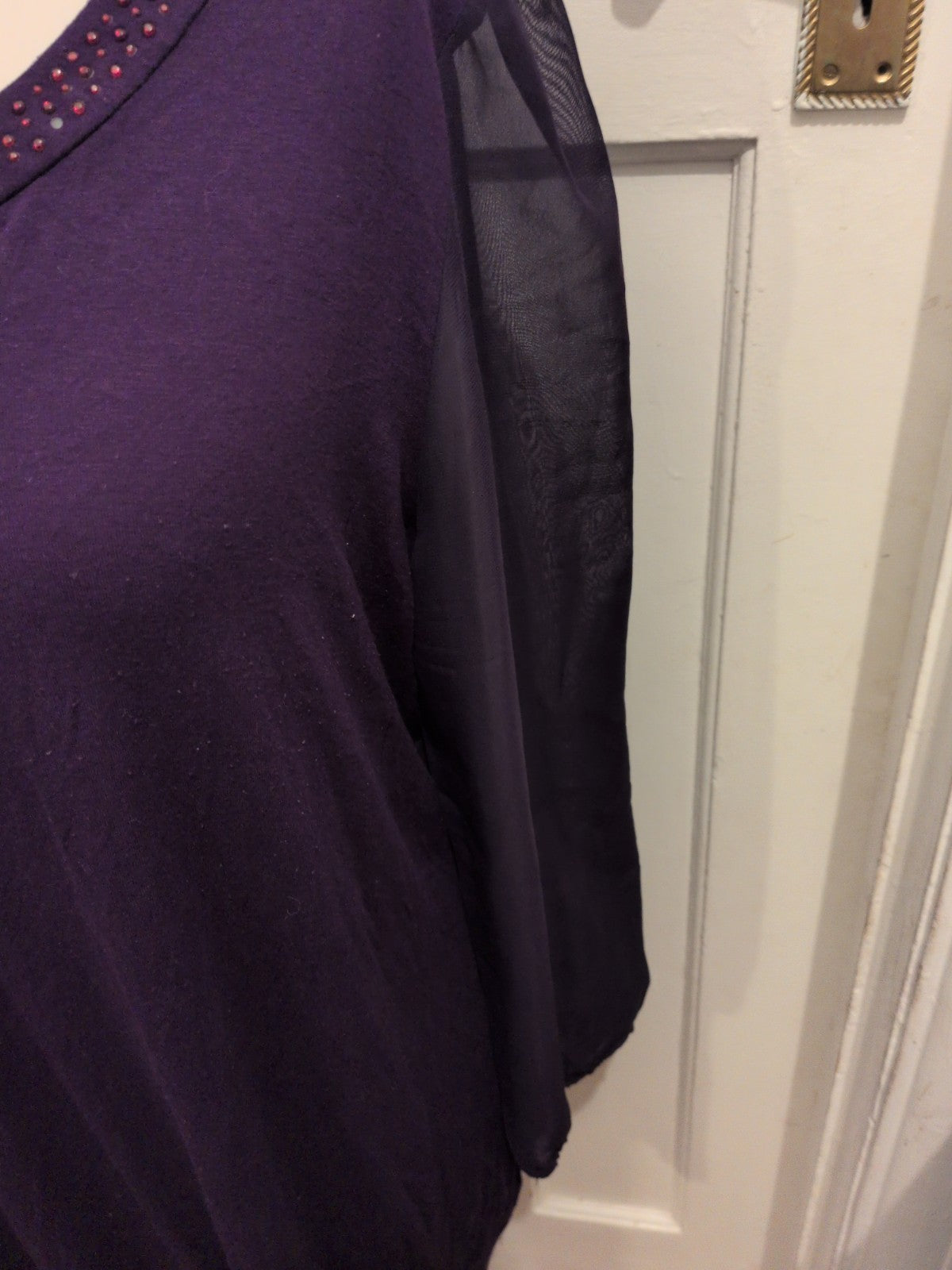 BM Collection 20 Purple Sheer Long Sleeve Diamonte Neck Blouse