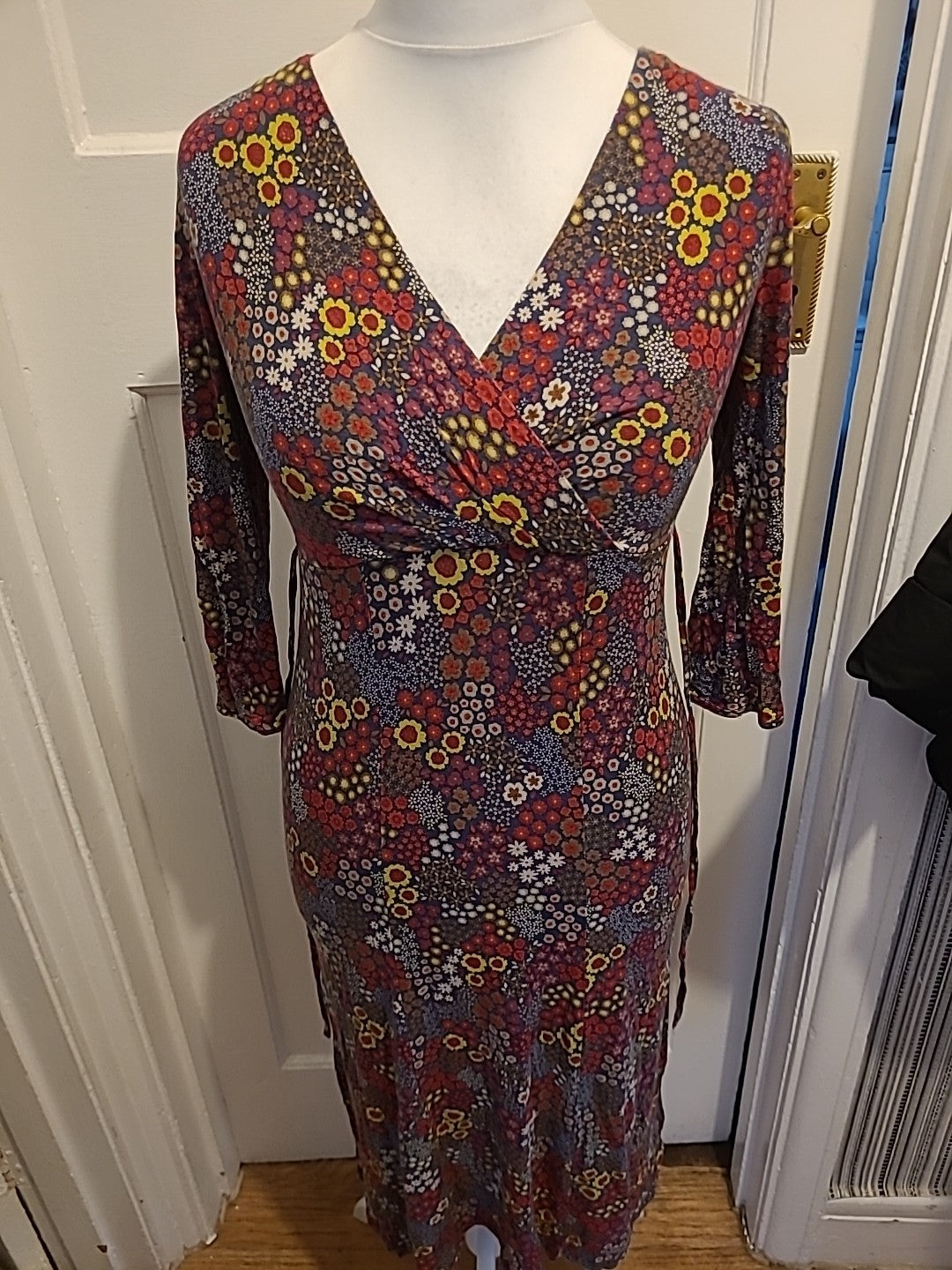 Ladies Per Una Size 10L Multicoloured Floral V Neck Dress