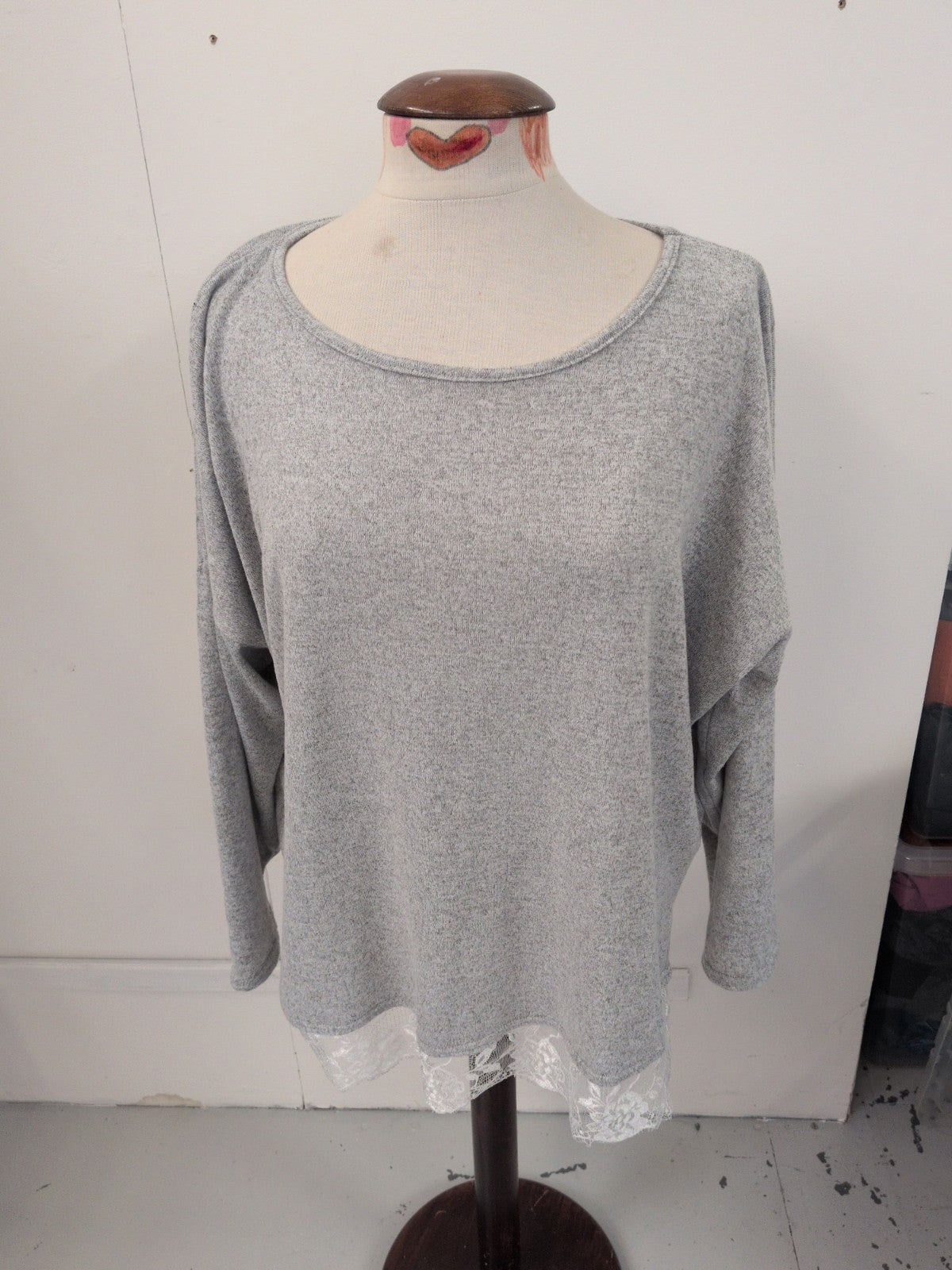 Dorothy Perkins XL Grey Long Sleeve White Frill Hem Blouse/Jumper