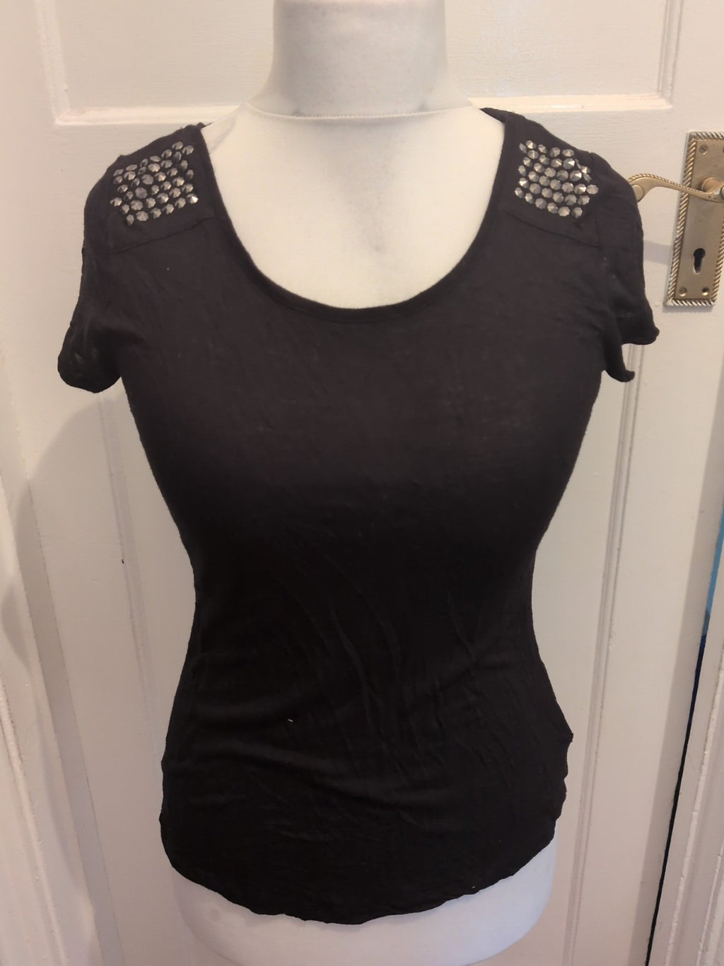 Ladies Esmara Size Small Black Stud Shoulder Short Sleeved T-shirt