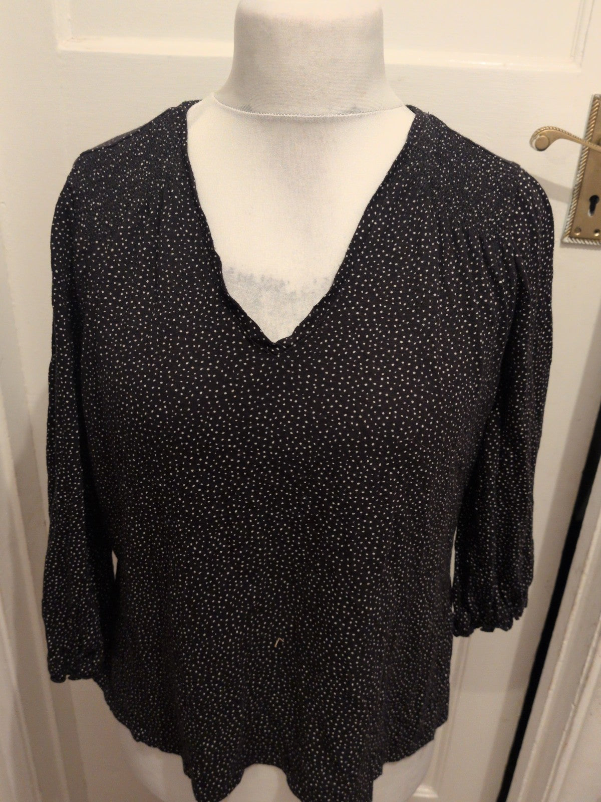 Fatface 14 Black Spotty Long Sleeve V Neck Blouse