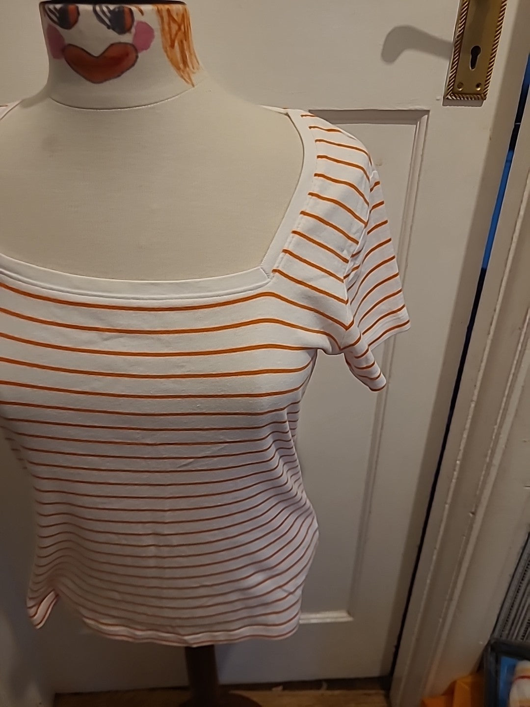 Ladies M+Co Size 14 Orange White Striped Short Sleeved Tshirt