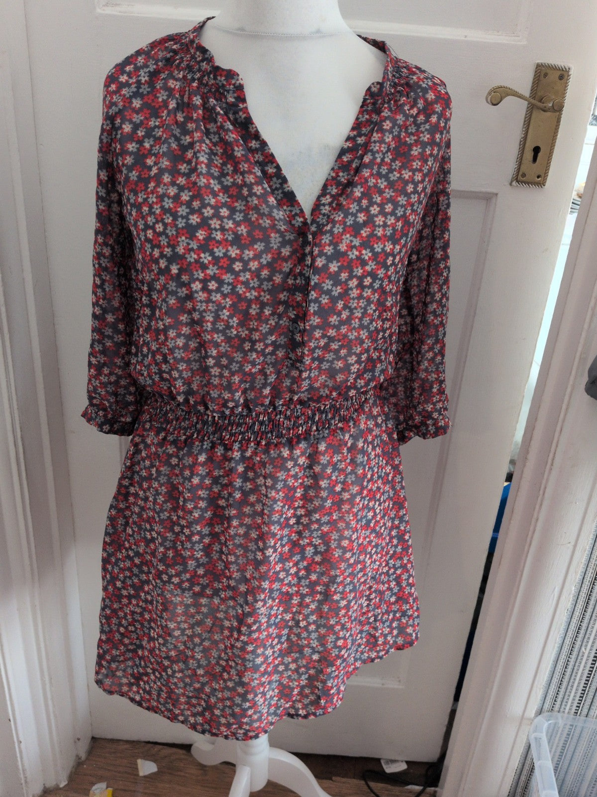 Gap Small Semi See Through Multicoloured Fit And Flare Dress 3/4 Sleeve