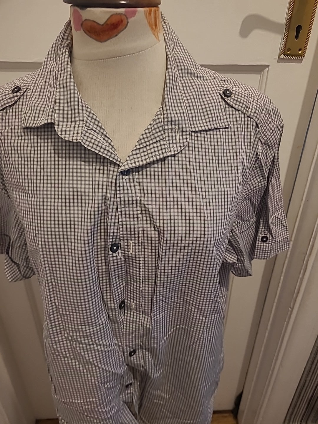Mens Next Size Large Grey/Navy/White Check Short Sleeved Shirt