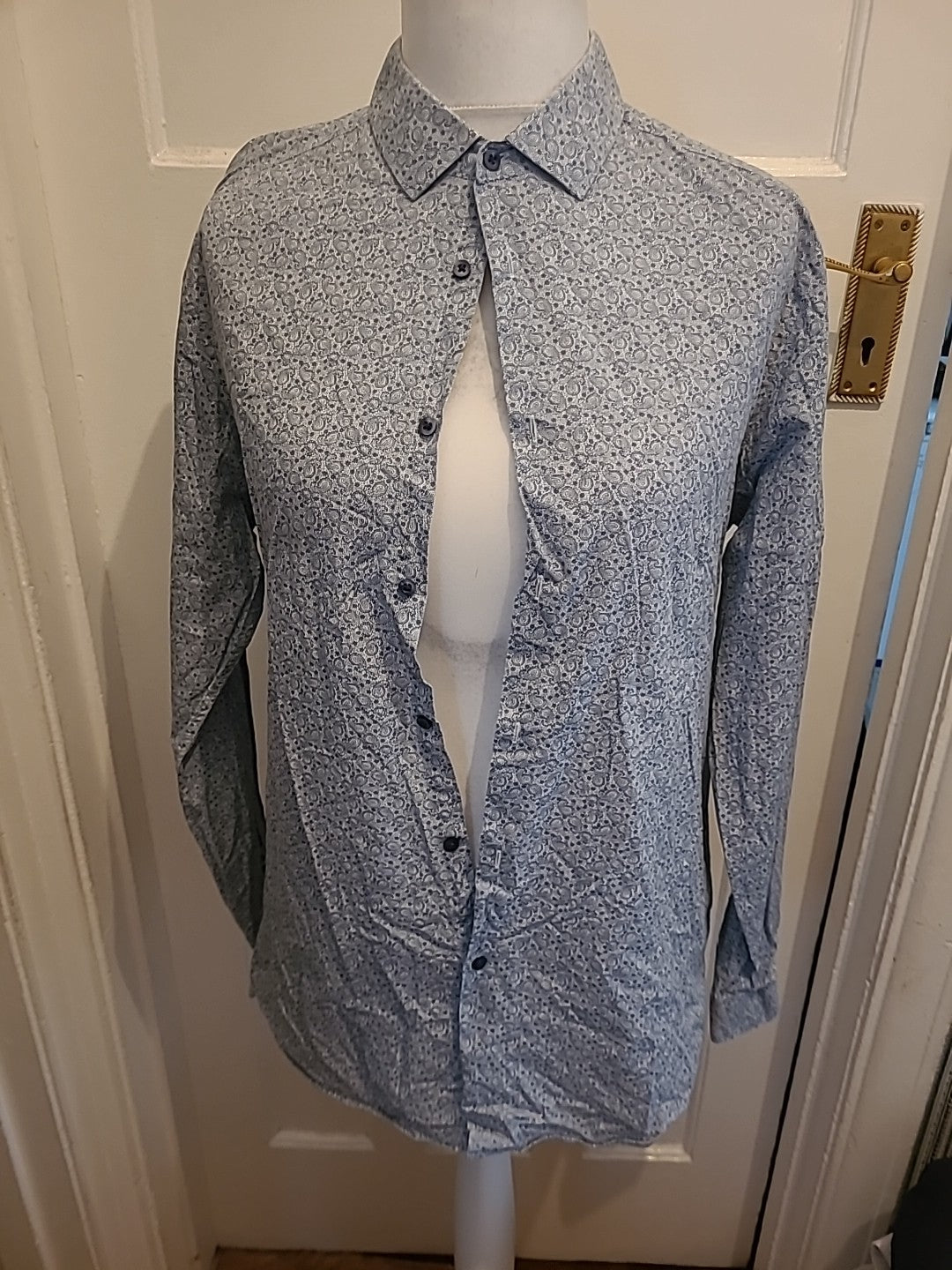 Mens Primark Size L Navy And White Sotty Aztec Slim Fit Shirt Long Sleeve