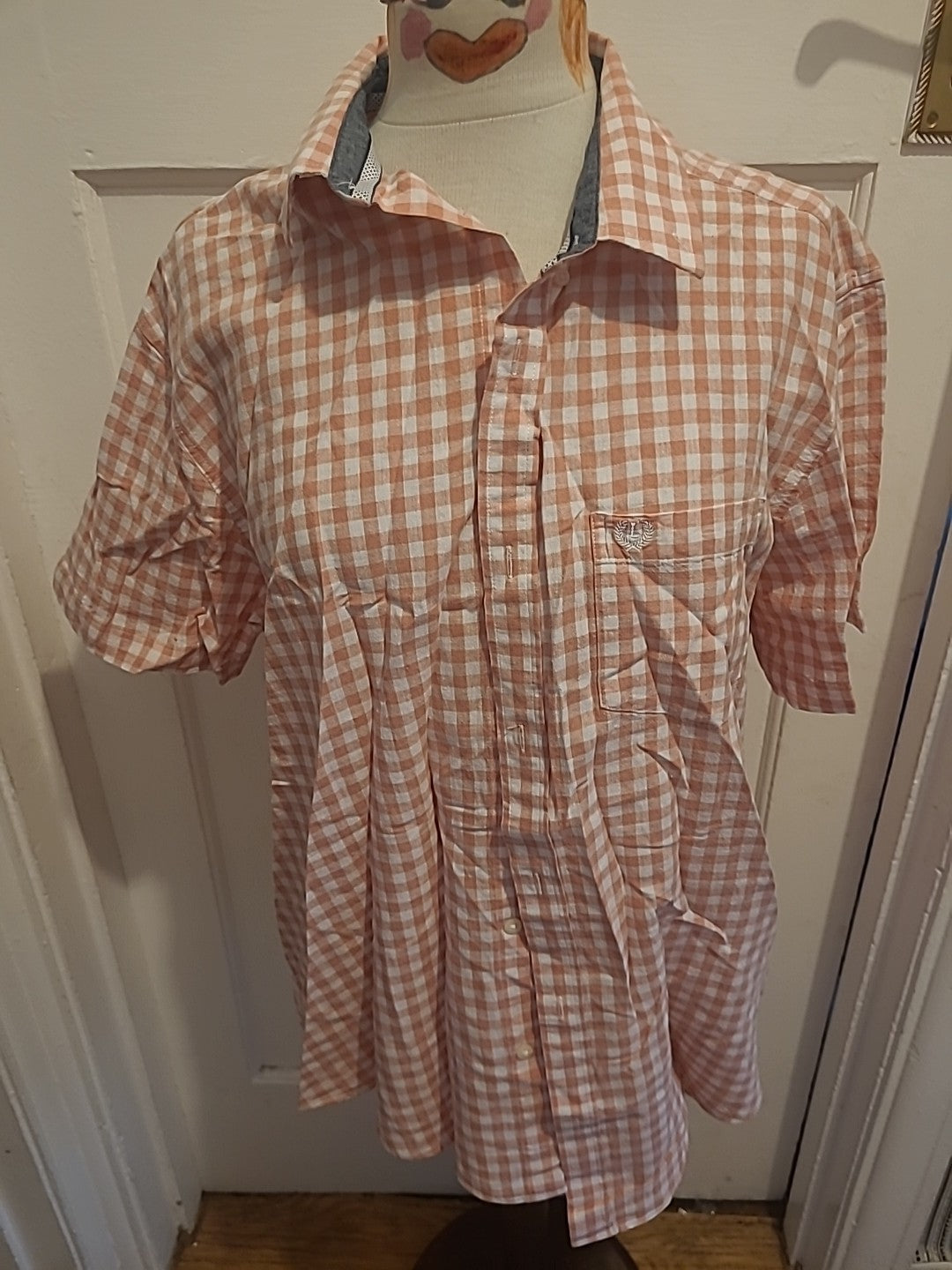 Mens Lincoln Size Large Pink And White Check Shirt Short Sleeved