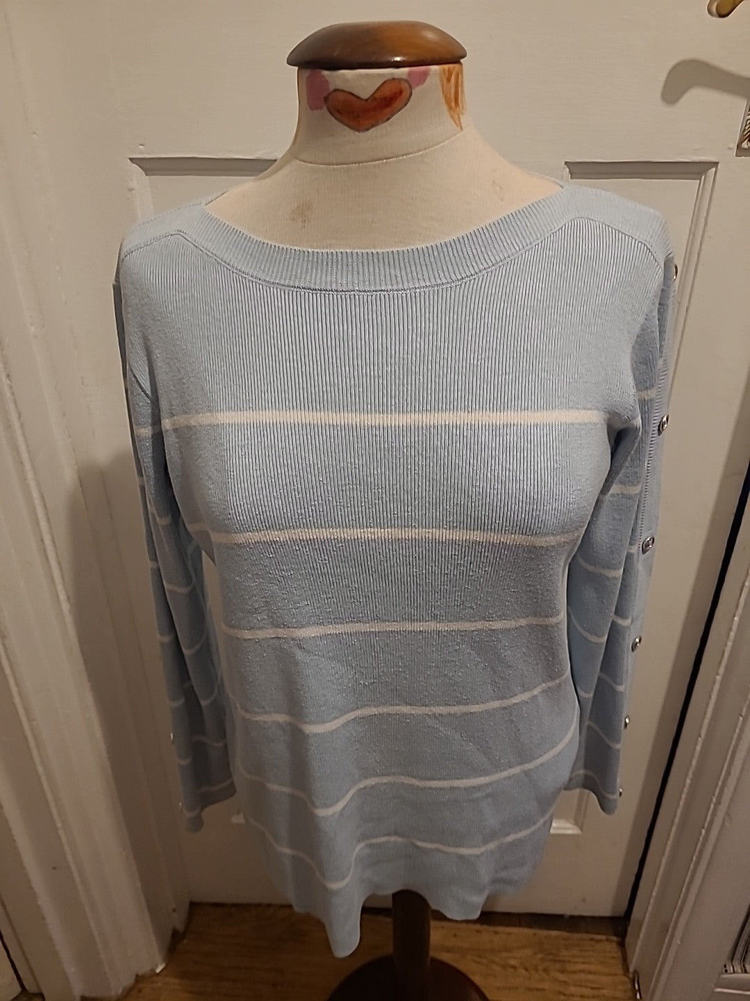 Ladies Damart Size 10-12 Pale Blue/White Striped Lightweight Pullover Jumper