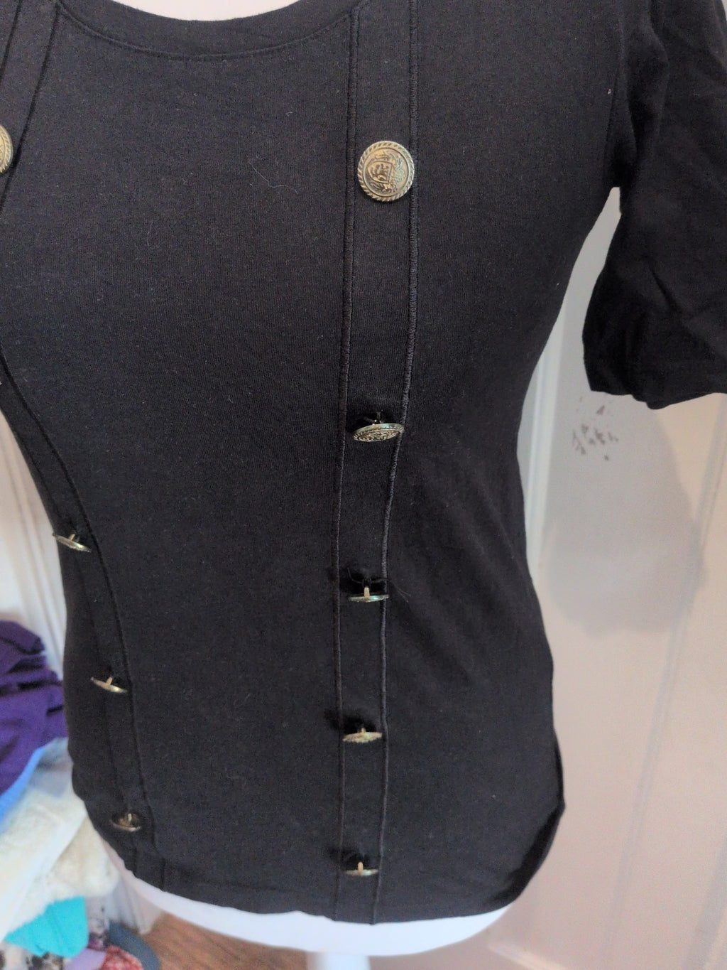 H&M 10 Black With Gold Buttons Imitation Short Sleeve Blouse