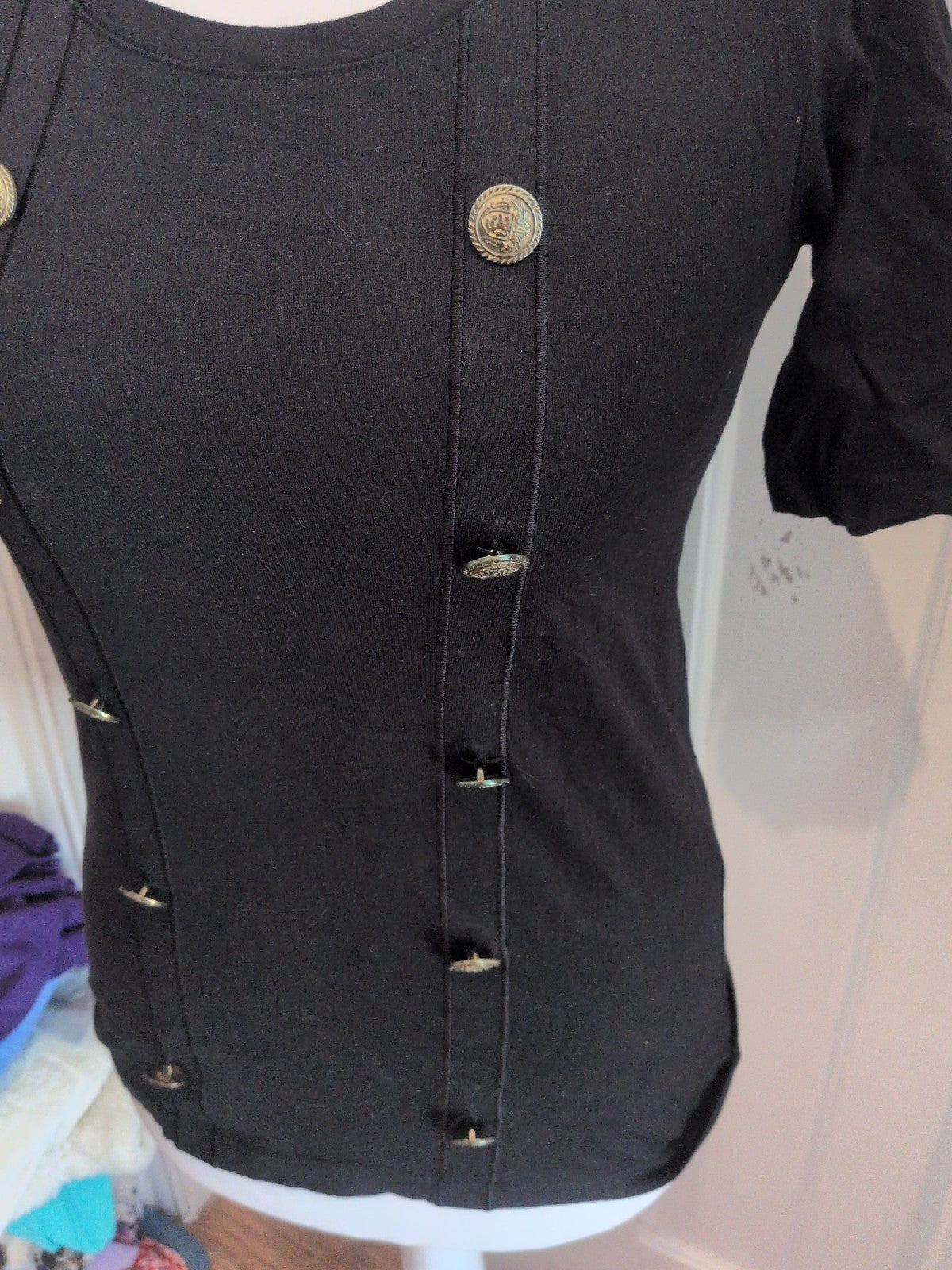 H&M 10 Black With Gold Buttons Imitation Short Sleeve Blouse