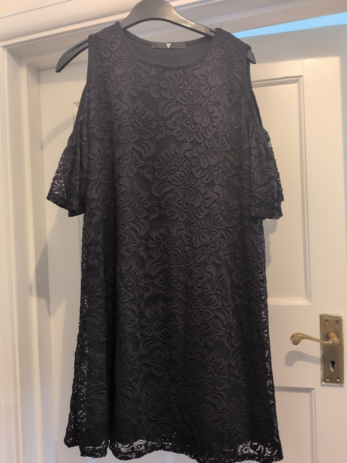 Very 18 Black Lace Lined Open Shoulder Dress Knee Length