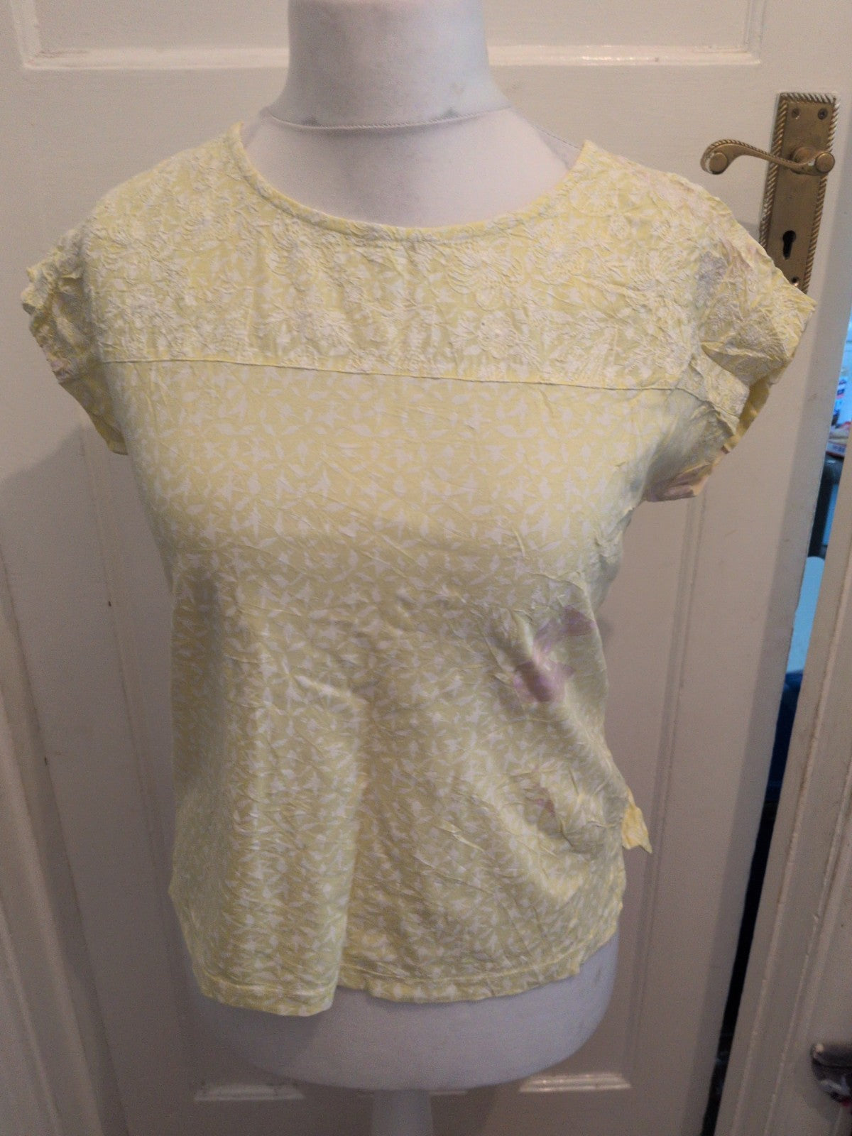 White Stuff 8 Yellow And White Pattern Short Sleeve T-shirt